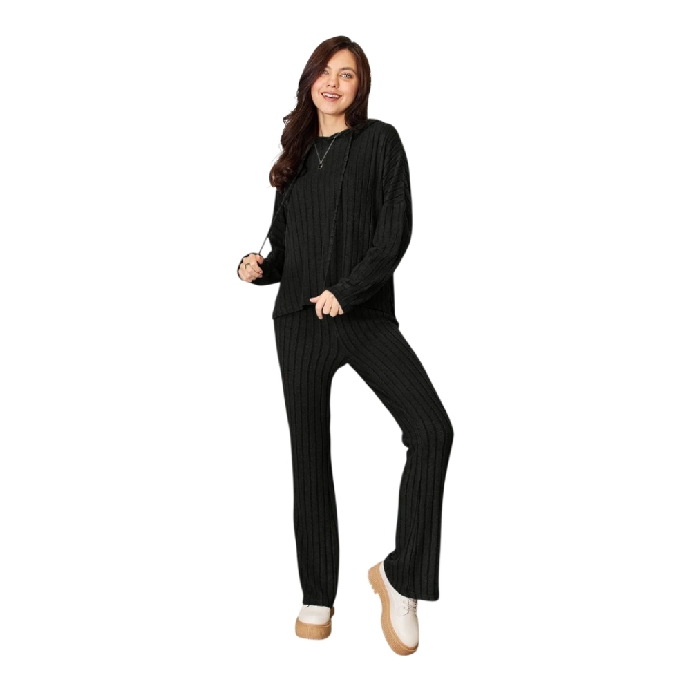 Basic Bae Women’s Black Ribbed Hooded Lounge Set